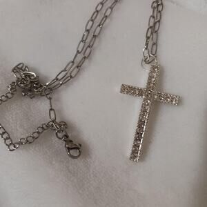 Silver cross with rhinestones necklace